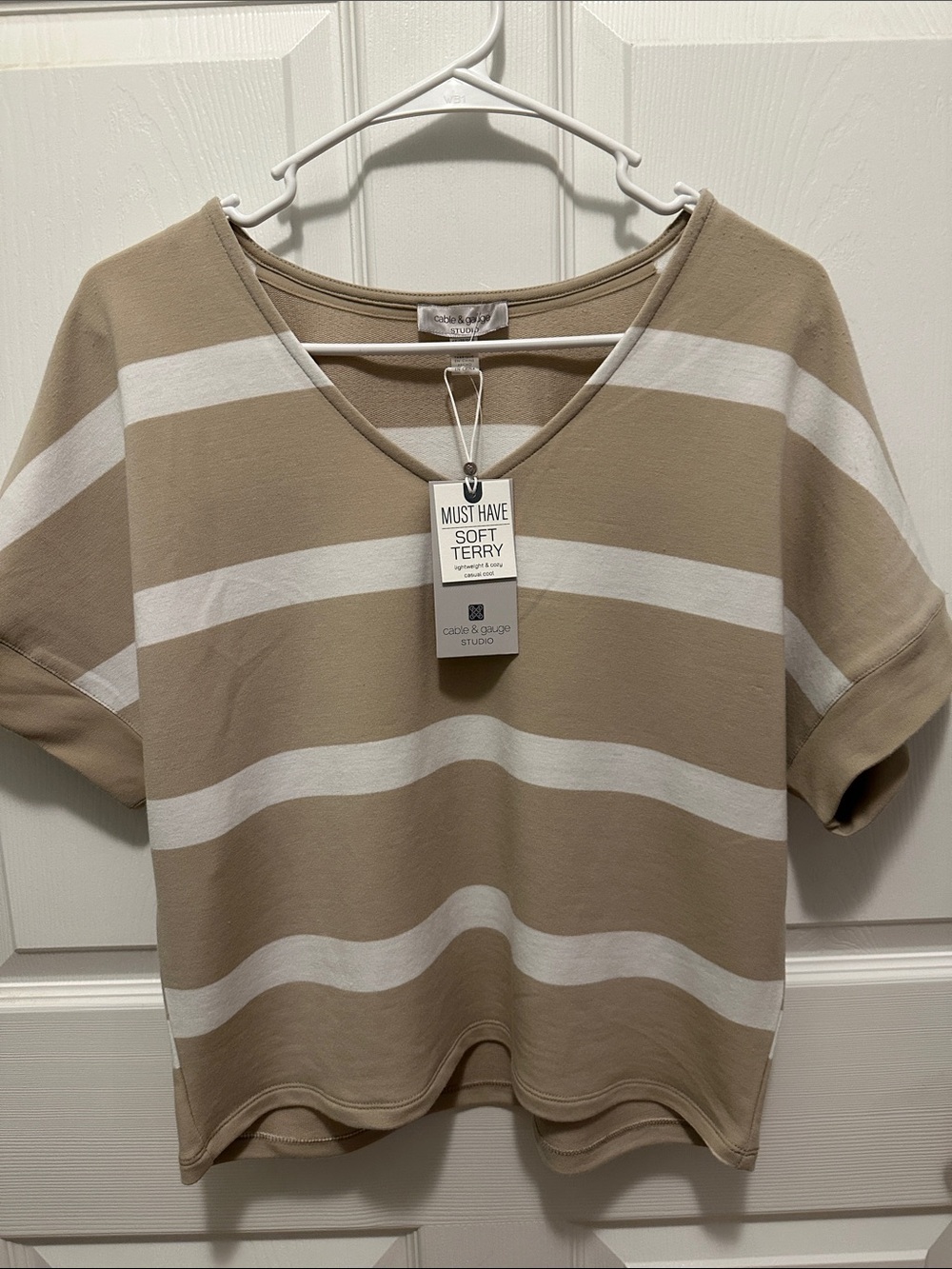 Cable & Gauge Taupe & White Striped V-Neck Short Sleeve Top